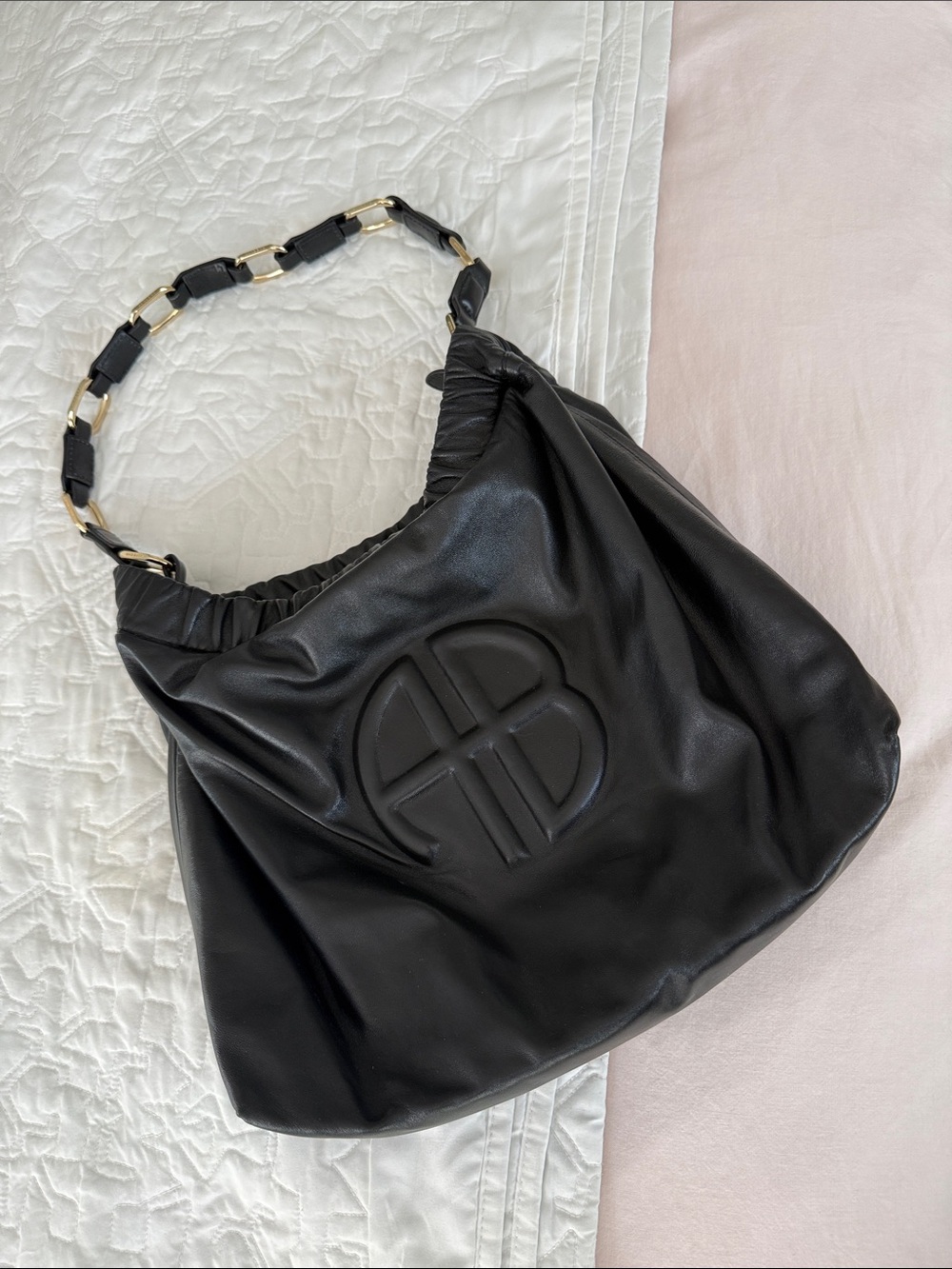 Anine Bing Black Leather Shoulder Bag with Chain-Detail Handle